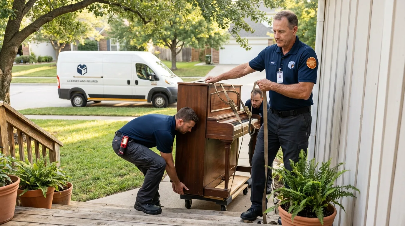 Licensed piano movers securing grand piano in Robbins, NC
