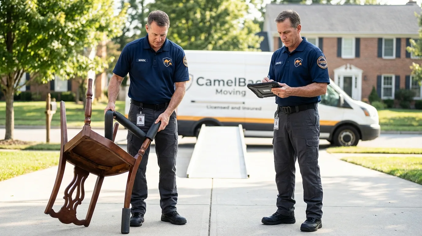 Movers inspecting furniture for damage prevention before loading in Robbins, NC